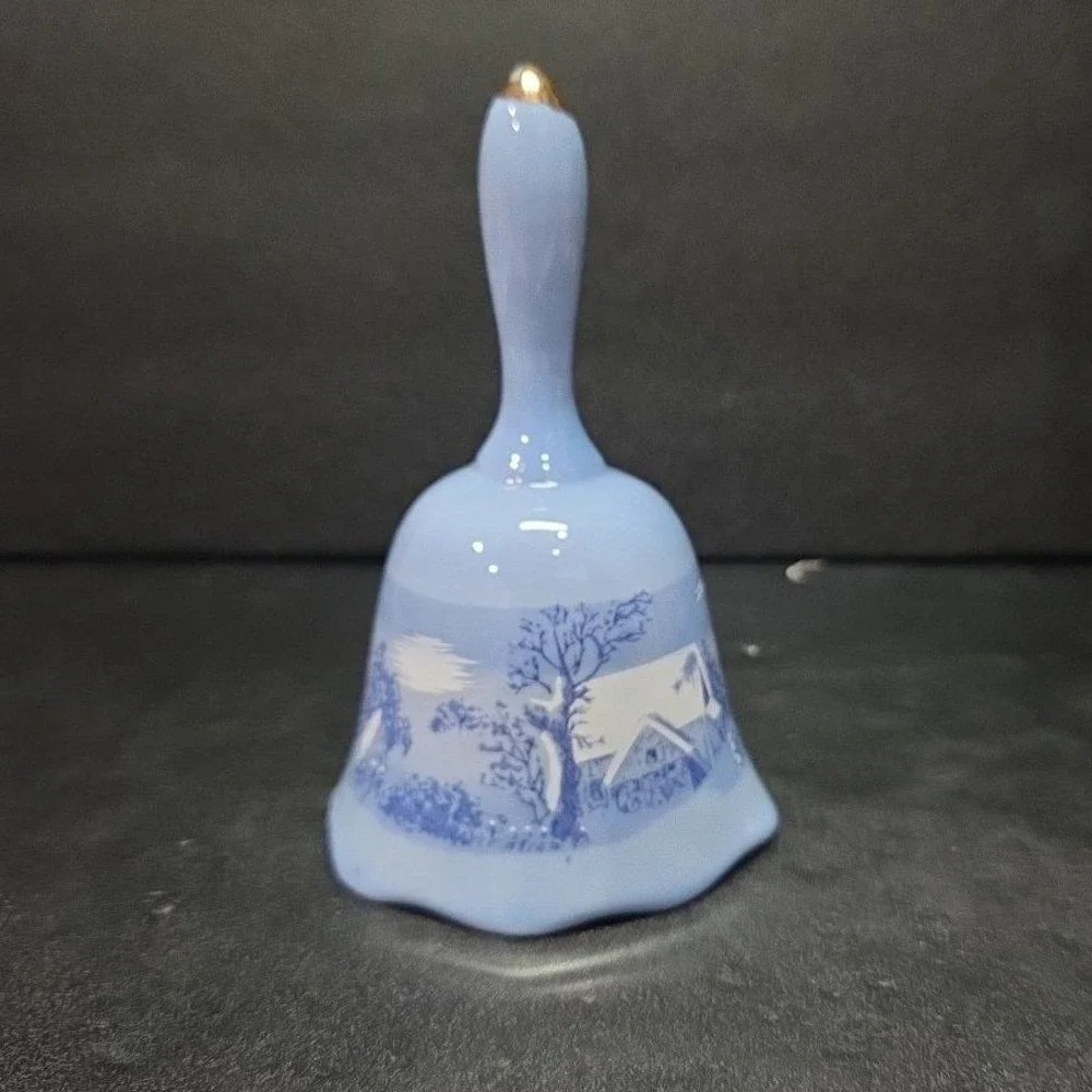 Currier & Ives The Old Homestead Dinner Bell, Vintage Winter Blue Ceramic Accent